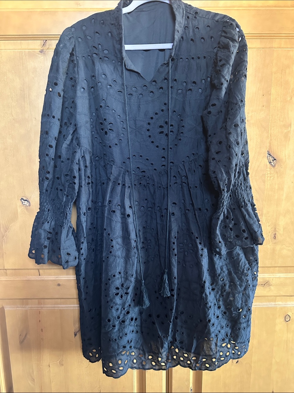 Black Eyelet Tunic Dress with Tassel Ties